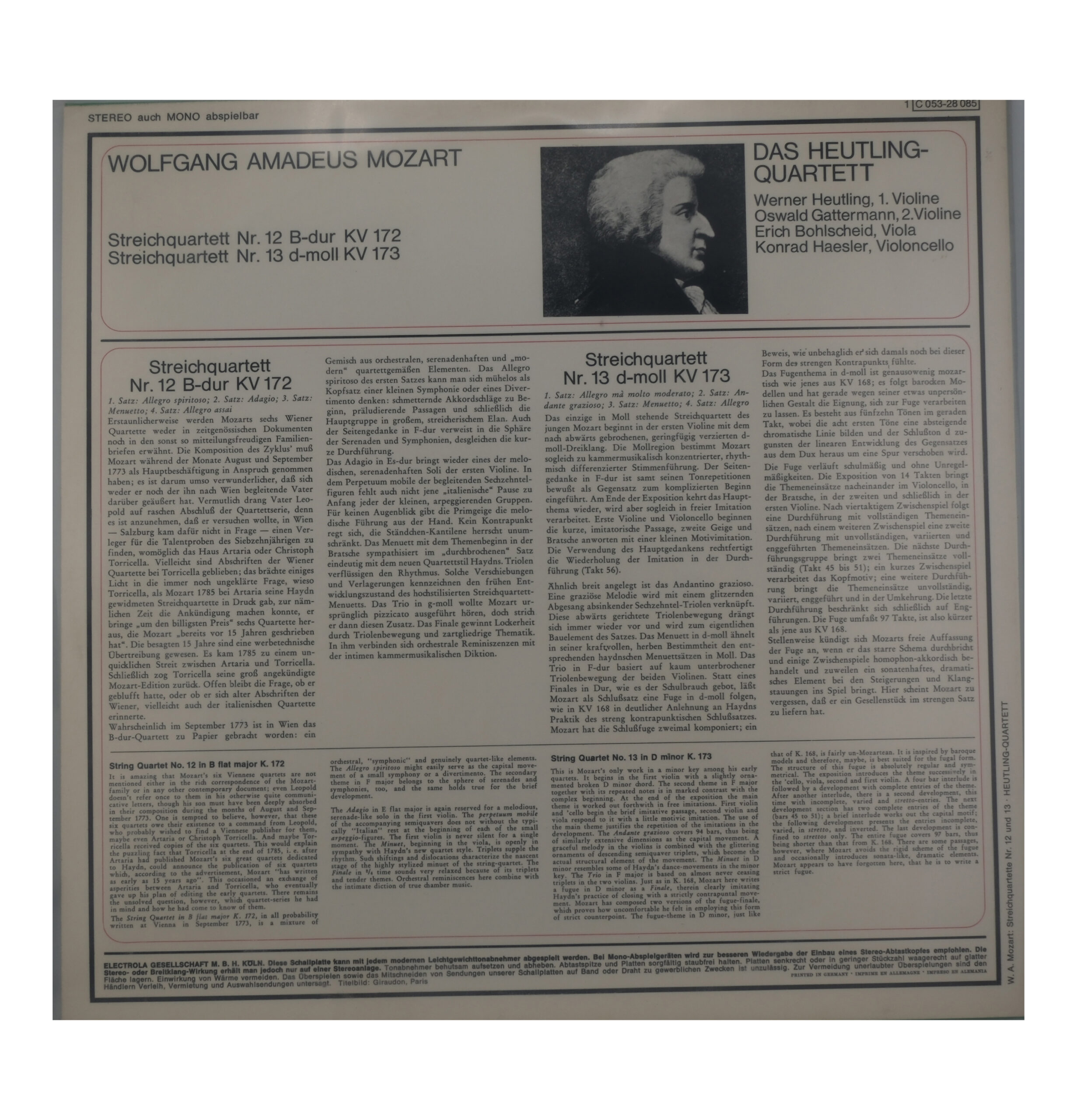 Mozart - Das Heutling Quartett - Quatuors 12 & 13 - EMI Electrola – Image 2