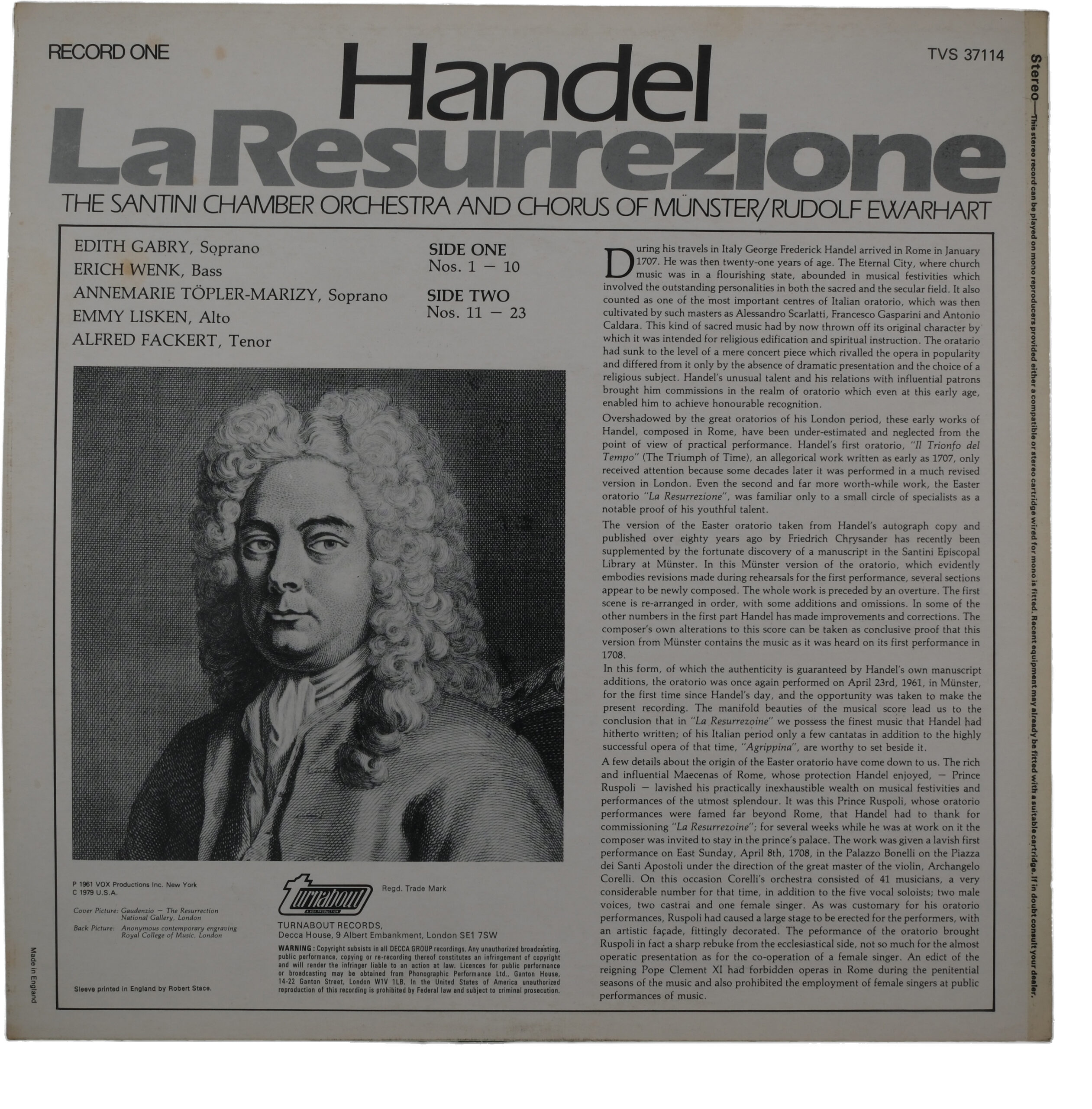Handel, Ewerhart : La Résurrection, Gabry, Topler (2LP) – Image 2
