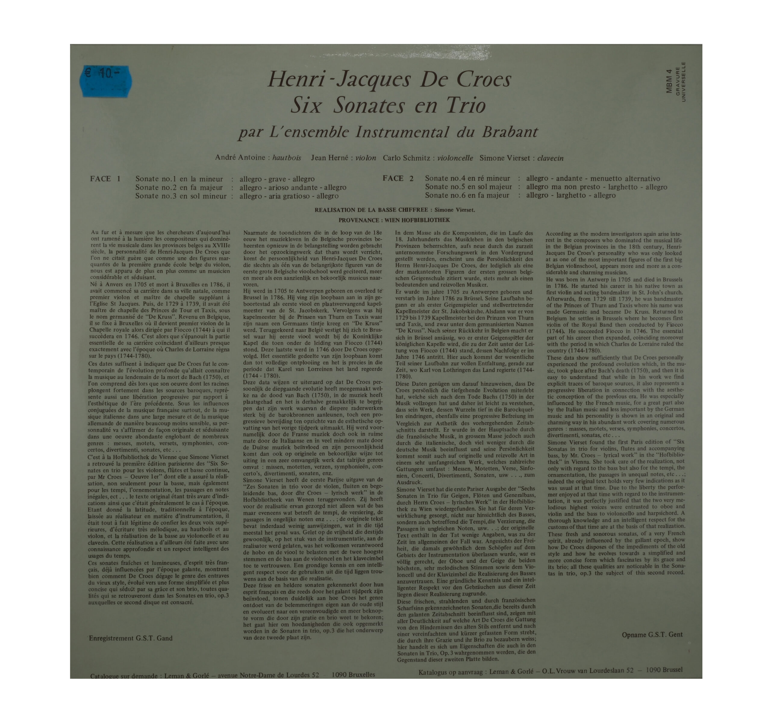 Henri Jacques De Croes Sonates - Monumenta Belgicae Musicae – Image 2