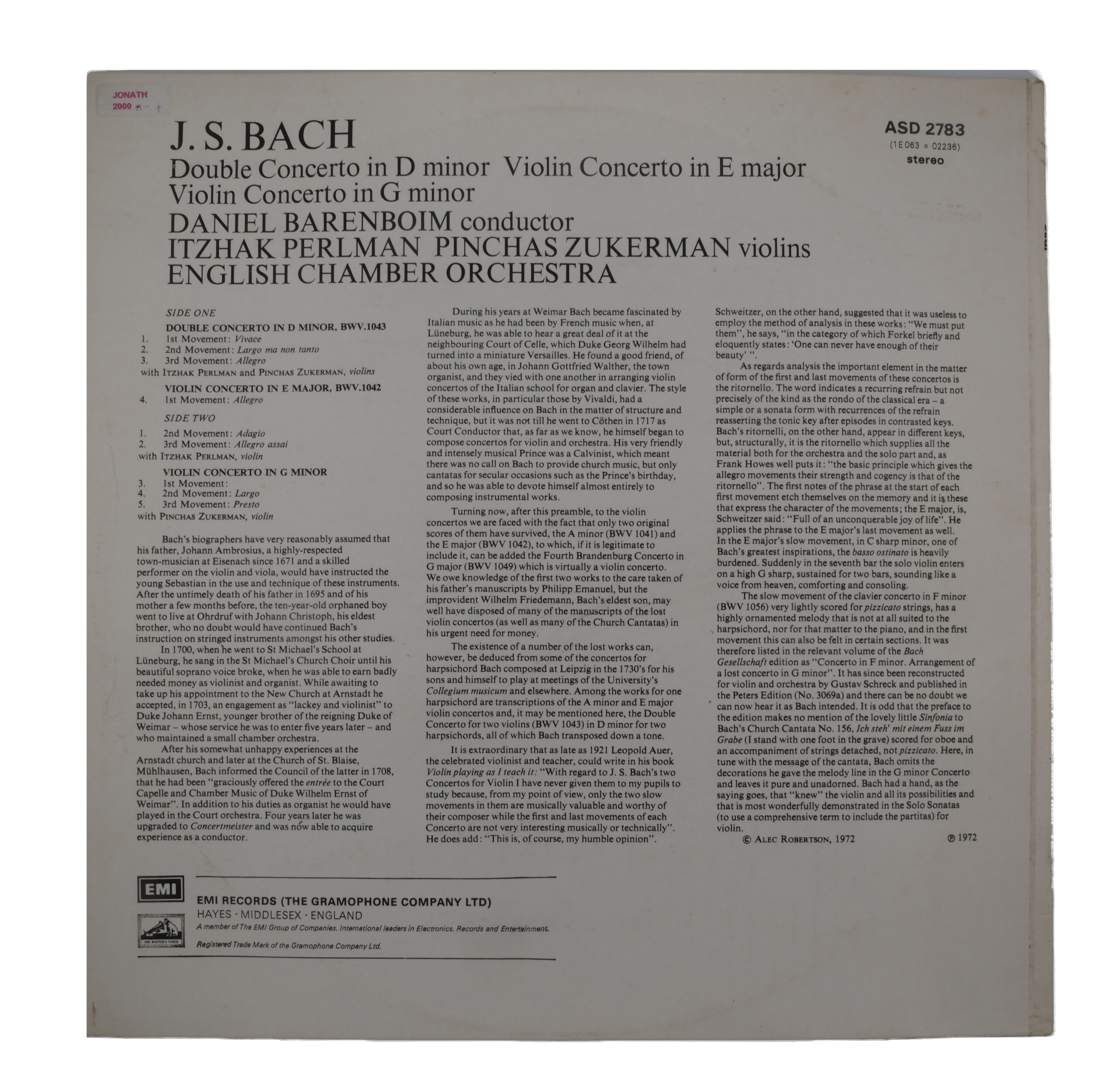 Bach: Perlman, Zukerman, Barenboim, Double Concerto, 1973, HMV – Image 2
